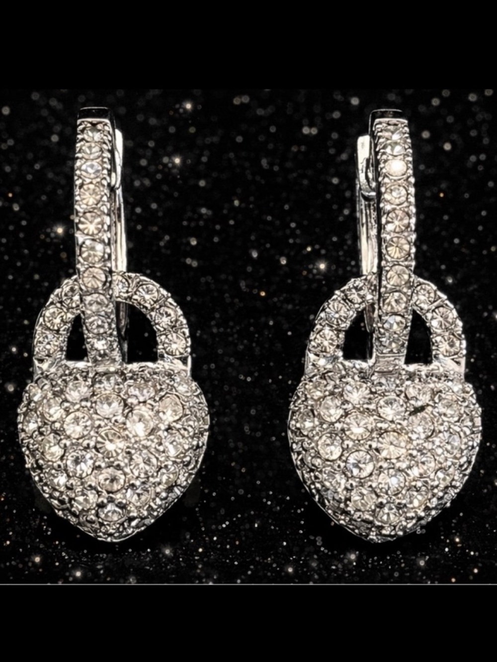 Suzanne Somers vintage CZ pave set dangle drop heart charm hoop earrings silver